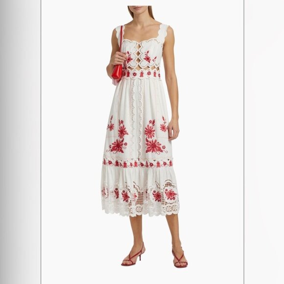FarmRio: Richelieu Sunflower Linen-Blend Midi-Dress - Off White - Picture 9 of 14